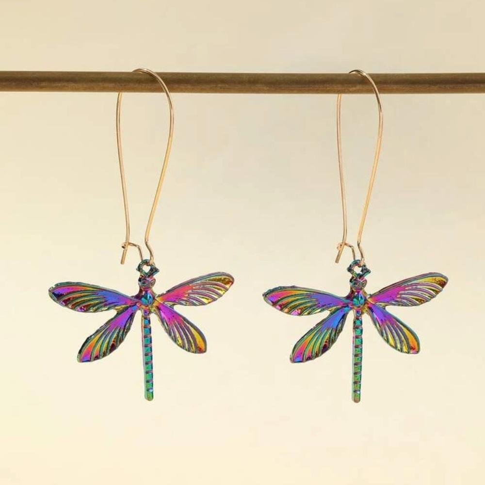 π Awesome Oil Slick Metallic Rainbow Dragonfly Hoop Loop Earrings π